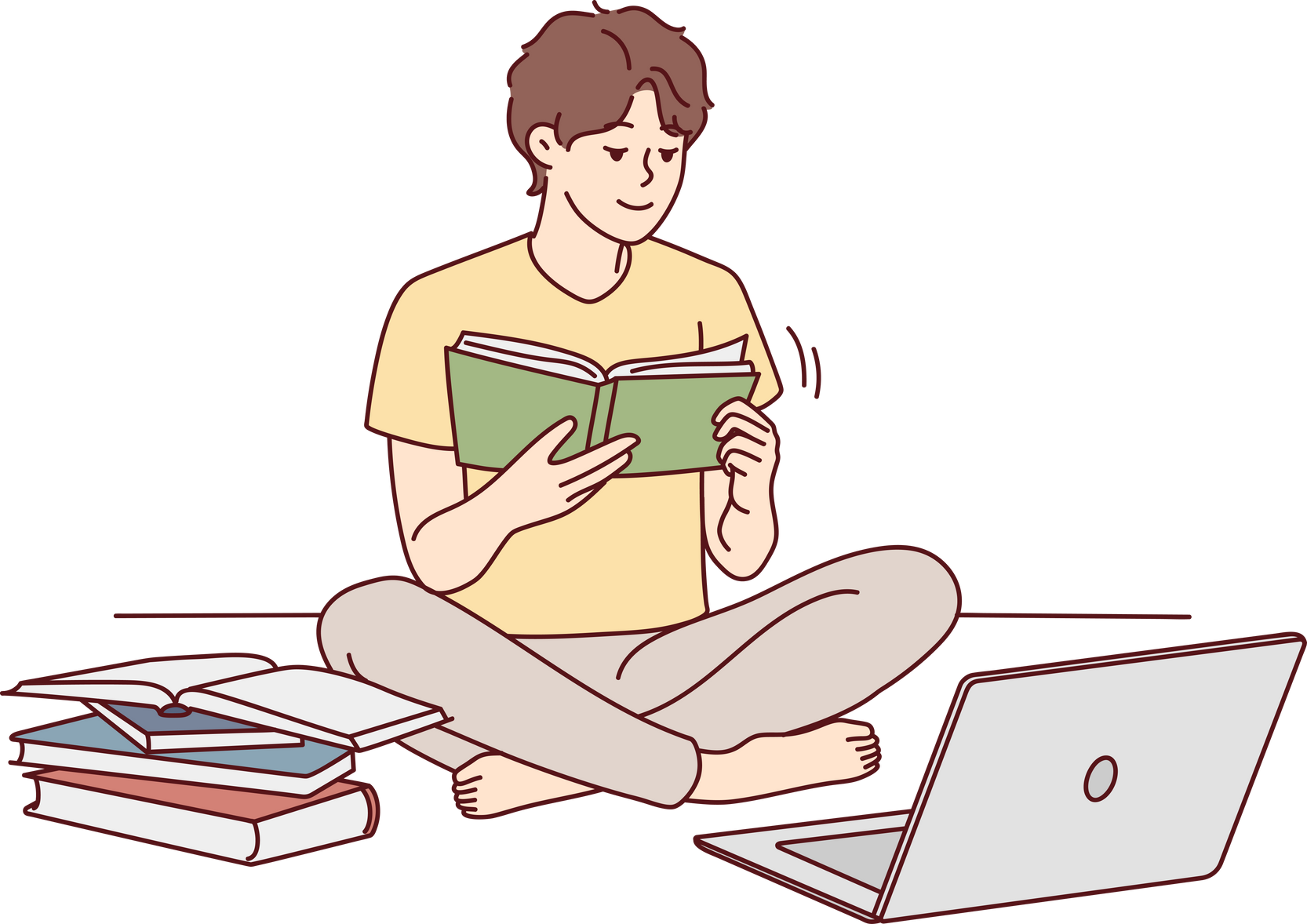 Guy work on laptop read books