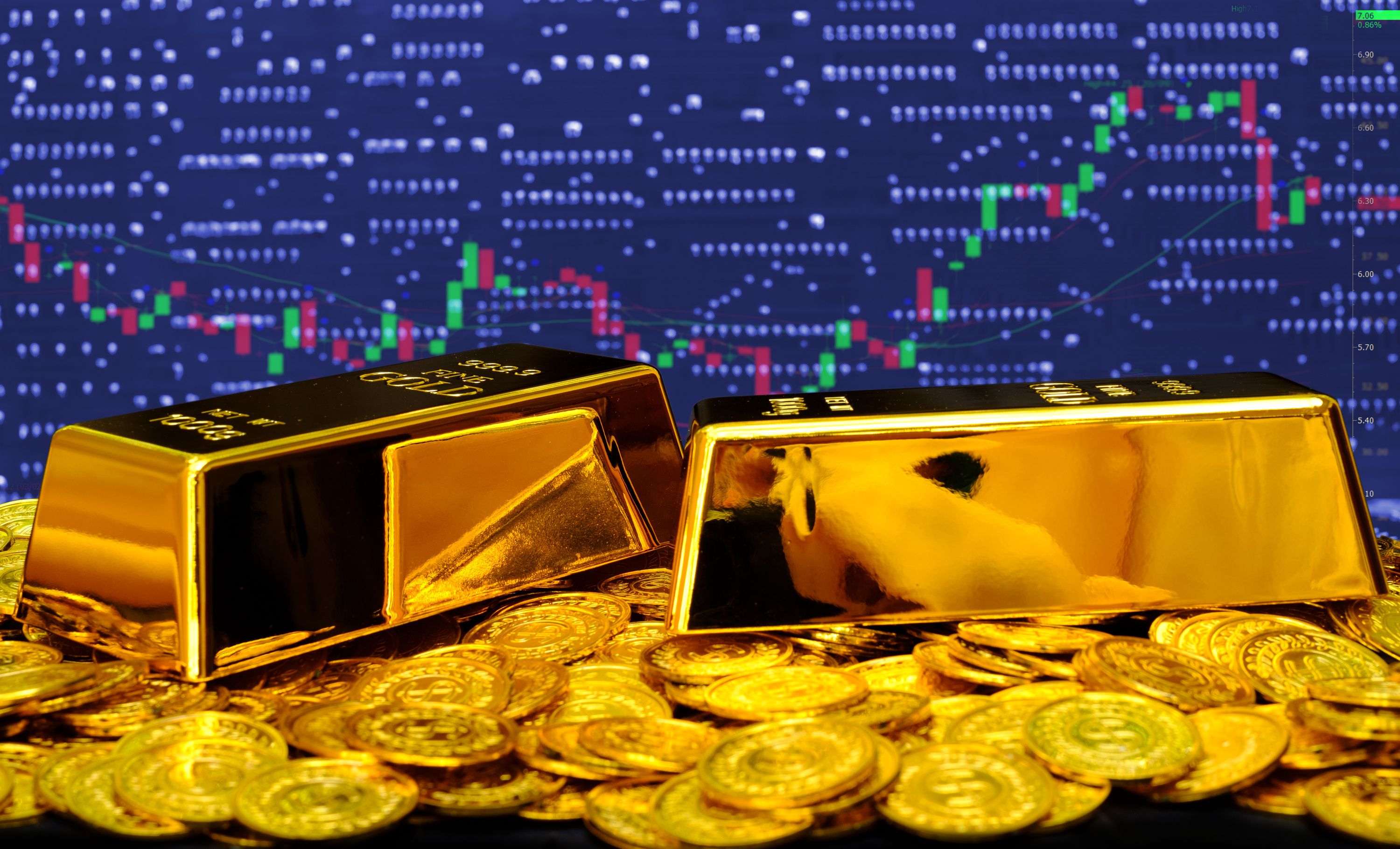 Gold Bullions and Coins on Trading Background